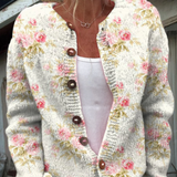 Svježe ružičaste cvijeće i zeleni listovi print | Kardigan s gumbima