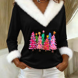 Fleece Top s V-izrezom i Božićnim Uzorkom